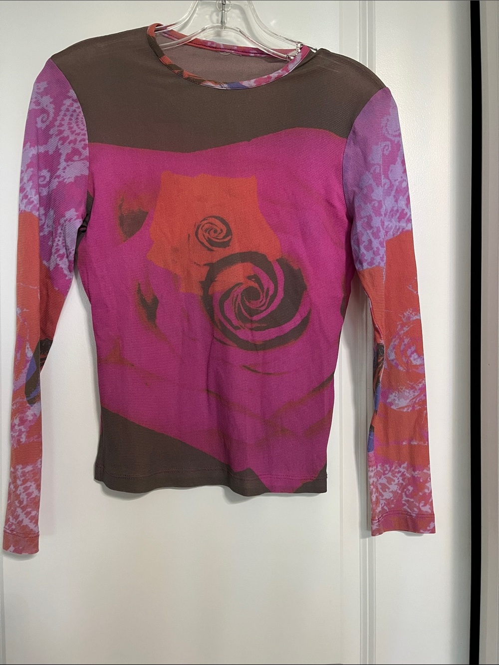 Women’s Floral Long-Sleeve Mesh Top in Pink and Brown
